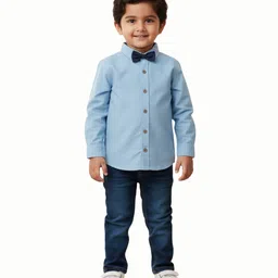 Pranava Organic Cotton Organic Cotton Woven Full Sleeves Solid Shirt With Bow - Tide Blue image 5