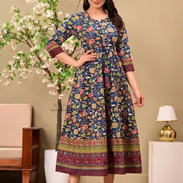 L.H HANDICRAFTS Floral Printed Round Neck Fit & Flare Cotton Maxi Dress-picture-11
