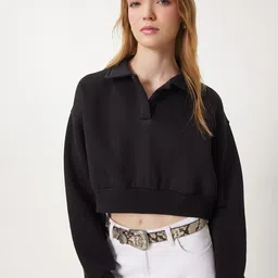 Happiness istanbul Women Ribbed Shirt Collar Long Sleeves Oversized Crop Sweatshirt-picture-23