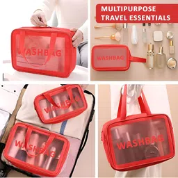 RUBOXA Red & Transparent 3 Pcs Soft Leather Makeup Organisers Bag With Zip & Hand Strap image 5