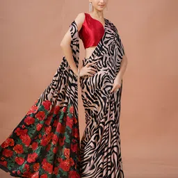 Garden Vareli Floral Printed Satin Saree With Unstitched Blouse Piece image 4