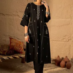 Indo Era Floral Embroidered Round Neck Pure Cotton Thread Work A-Line Kurta & Trousers image 2