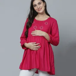 Zelena Three Fourth Sleeves Motif Embroidered Yoke & Frill Detailed Maternity Top With Concealed Zipper Nursing Access - Pink-image-89