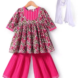 Babyhug Cotton Woven Three Fourth Floral Print Kurti Gharara Set With Dupatta - Dark Pink-picture-26