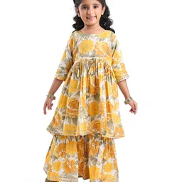 Teentaare Cotton Woven Three Fourth Sleeves Embroidered Kurta & Gharara Set Floral Print - Blue-picture-16
