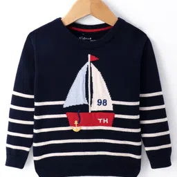 ToffyHouse Knitted Full Sleeves Striped & Boat Designed Pullover Sweater - Navy Blue-picture-20