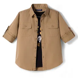 Pine Kids Cotton Woven Full Sleeves Shirt With Text Printed T-Shirt - Beige-picture-26