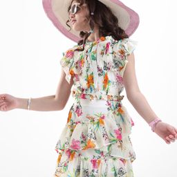OLLINGTON ST. Georgette Floral Printed Half Sleeves Top & Skirt Co-Ord Set - White-picture-18