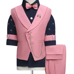 Rikidoos Full Sleeves Textured & Abstract Printed 3 Piece Party Suit With Bow Set - Onion Pink & Navy Blue-picture-12