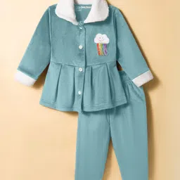 Little Darlings Fleece Knit Full Sleeves Winter Wear Top & Leggings Set with Cloud & Rainbow Patch - Light Blue-picture-23