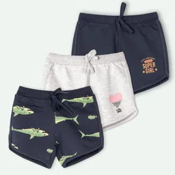 Ariel Cotton Knit Pack Of 3 Sharks & Super Girl Text Printed Shorts - Grey & Navy Blue-picture-15
