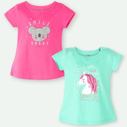 Ariel Cotton Knit Pack Of 2 Half Sleeves Koala Embroidered & Typography Printed Tops - Pink & Green-picture-37