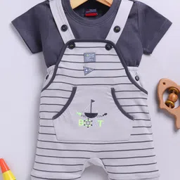 Jb Club Cotton Knit Striped & Boat Embroidered Dungaree With Half Sleeves Tee Set - Grey-image-89