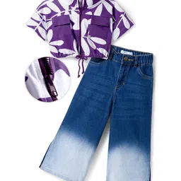 OLLINGTON ST. Cotton Knit Half Sleeves Floral Printed Shirt Top & Denim Pants Set - Purple & Blue-picture-28