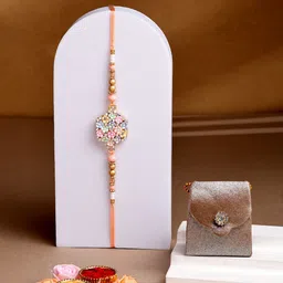 ADIVA Men 4-Pcs Floral Thread Rakhi With Pooja Thali & Roli Chawal Bag image 1