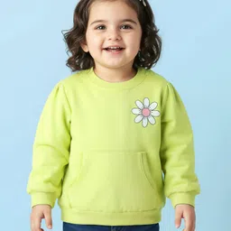 Babyhug Cotton Knit Full Sleeves Pull Over Sweatshirt with Front & Back Floral Print Kangaroo Pocket - Limegreen image 2