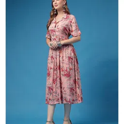 Zelena Rayon Woven Half Sleeves Floral Printed Maternity Dress With Front Open Nursing Access - Pink image 4
