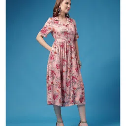 Zelena Rayon Woven Half Sleeves Floral Printed Maternity Dress With Front Open Nursing Access - Pink image 5