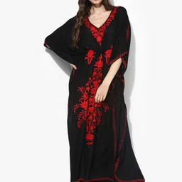 CRAFTBAZAR Floral Embroidered Kimono Sleeves Kaftan Maxi Dress-picture-25