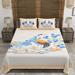 CLOTHOLOGY Cream-Coloured & Blue Printed 180TC Cotton King Bedsheet Set 2.75 m x 2.25 m image 2