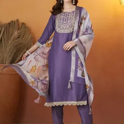 MOKOSH Women Solid Embroidered Kurta with Trousers & Dupatta-image-24