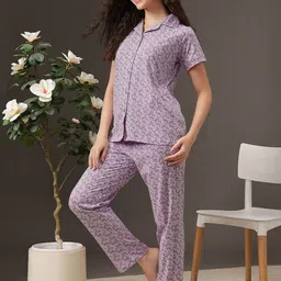 Clovia Women Printed Pure Cotton T-shirt & Pyjamas Night suit image 5