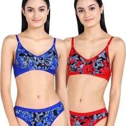 samvar Women Blue,Red Cotton Bra Panty Set for Lingerie Set Undergarments Pack of 2-picture-31