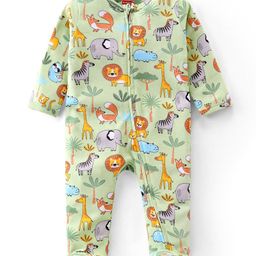 Babyhug Cotton Knit Full Sleeves Footed Night Suit with Wild  Animals Print - Green-picture-36