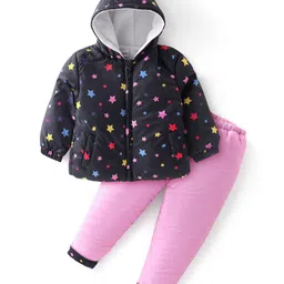 Babyhug Woven Full Sleeves Hooded Puffer Winter Wear Suit With Stars Print - Navy-picture-20