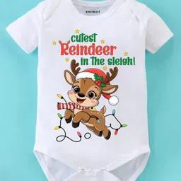 KNITROOT Christmas Theme Half Sleeves Cutest Reindeer In The Sleigh Text Printed Onesie - White-image-26