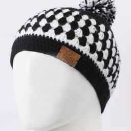Funkrafts Wollen Knitted Handmade Checked & Pom Pom Embellished Beanie Cap - Black & White-image-82
