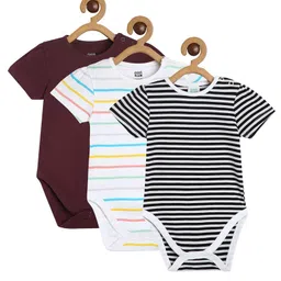 MINI KLUB Cotton Pack Of 3 Half Sleeves Striped & Solid Onesies - Brown White & Black-image-29