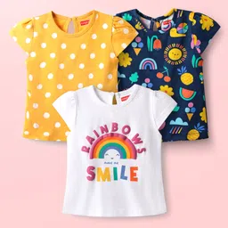Babyhug 100% Cotton Knit Half Sleeves T-Shirts with Rainbow & Polka Dots Print Pack of 3 - Yellow Navy Blue & White-picture-17