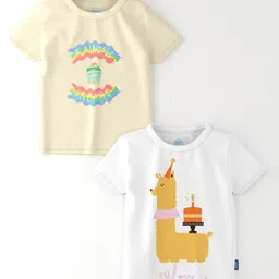 nautinati Nauti Nati Cotton Pack Of 2 Half Sleeves Rainbow Dreams Text & Llama Printed Tees - White & Off White image 1