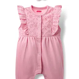 Babyhug 100% Cotton Knit Frill Sleeves Front Open Romper with Hairband & Schiffli Detailing - Pink-image-51