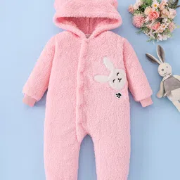 Mark & Mia Full Sleeves Winter Wear Hooded Romper with Bunny Patch & Applique - Pink image 1