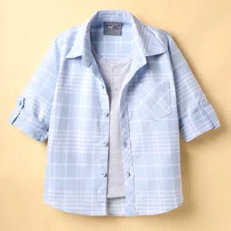 Dapper Dudes Full Sleeves Checked Shirt With Attached Tee - Sky Blue-picture-19