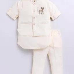 LITTLE COLLARS Jacquard Knit Full Sleeves Solid Kurta & Pajama With Reindeer Designed Jacket Set - Cream-picture-20