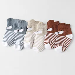 Doodle Poodle Cotton Knit Ankle Length Socks with Bear Design & Stripes Pack of 3 - Brown Grey & Beige-image-39
