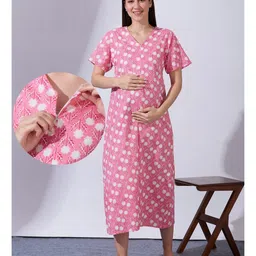 Blush 9 Cotton Woven Half Sleeves Floral Printed Maternity Nighty With Front Zipper Access - Pink-picture-20