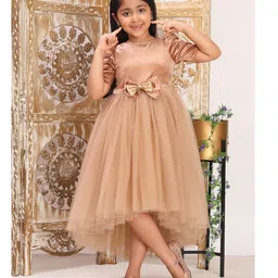 Toy Balloon Kids Net Woven Half Puffed Sleeves Velvet Sequin Bow Applique Detailed Dress - Brown-picture-25