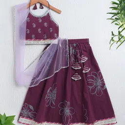 The Magic Wand Cotton Woven Sleeveless Floral Printed & Gota Lace Embellished Lehenga Choli With Dupatta Set - Wine-picture-10