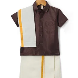 Dapper Dudes Half Sleeves Solid Shirt With Mundu Lungi & Angavastram - Dark Brown-picture-24