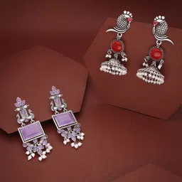 Sangria Set Of 2 Silver-Plated Artificial Stone Studded & Beaded Drop Earrings-image-91