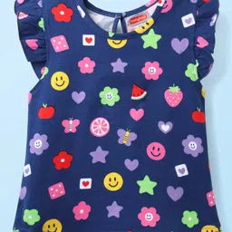 Babyhug Cotton Knit Frill Sleeves T-Shirt with Tropical Theme & Hearts Print Pack of 3 - Navy Blue Pink & White image 4