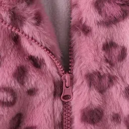 Kookie Kids Full Sleeves Hooded Winter Fur Jacket with Cheetah Print Design & Teddy Bear Applique - Pink image 5