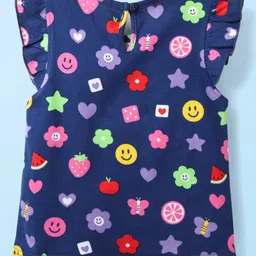 Babyhug Cotton Knit Frill Sleeves T-Shirt with Tropical Theme & Hearts Print Pack of 3 - Navy Blue Pink & White image 5