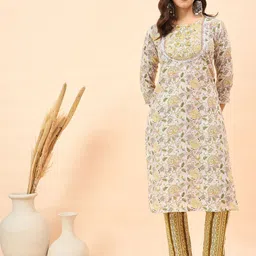 Anouk White Floral Printed Thread Work Pure Cotton Straight Kurta With Trousers & Dupatta-picture-10