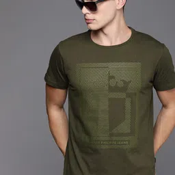 Louis Philippe Jeans Men Olive Green Brand Logo Printed Slim Fit Pure Cotton T-shirt-picture-24