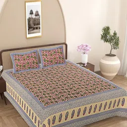 FrionKandy Living Blue & Beige Floral 180 TC King Bedsheet with 2 Pillow Covers-picture-22